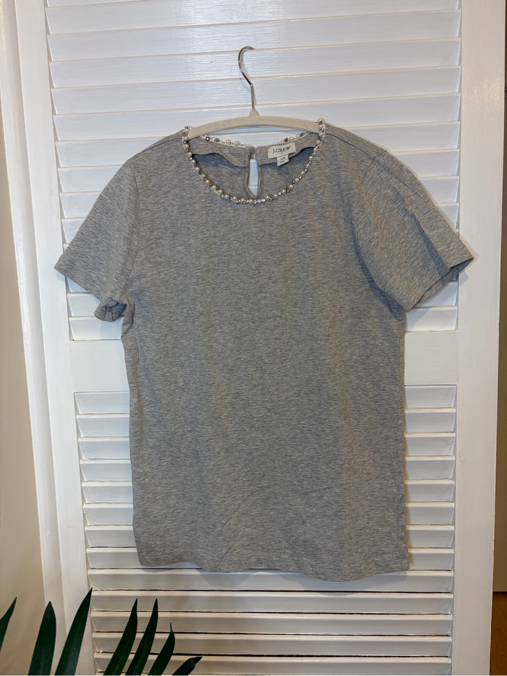 J.Crew 100% Cotton Grey Embellished Neckline T-Shirt Size XS Preppy Feminine